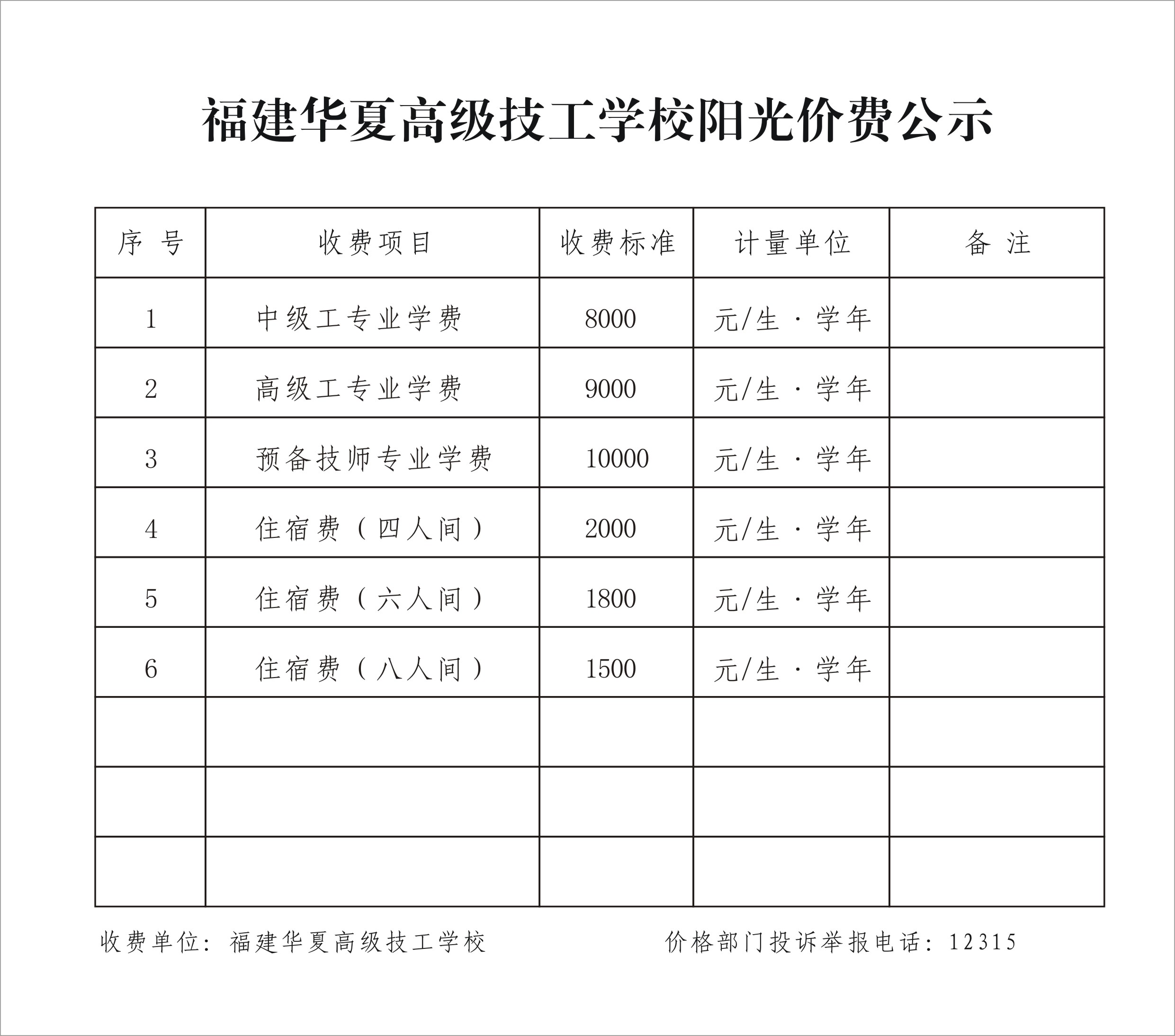 福建华夏高级技工学校收费标准